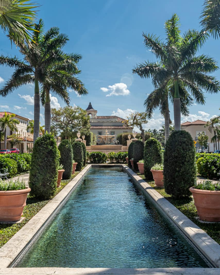 Palm trees lining a long formal water feature under a blue sky